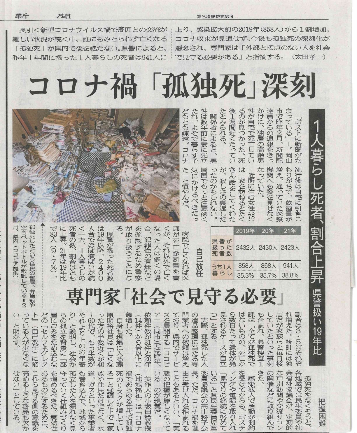 岡山でも問題の「孤独死」記事で「山陽新聞」様に掲載されました